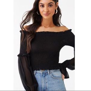 Sheer Smocked Off-the-Shoulder Top